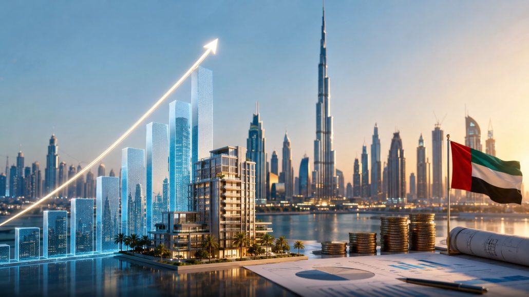 Dubai skyline and luxury real estate developments reflecting the strong financial performance of UAE property companies despite global market volatility.