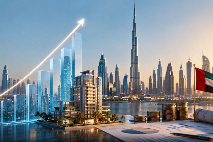 Dubai skyline and luxury real estate developments reflecting the strong financial performance of UAE property companies despite global market volatility.
