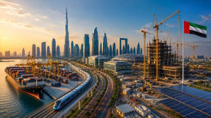 Futuristic Gulf skyline featuring mega construction projects, modern skyscrapers, ports, industrial zones, and advanced infrastructure symbolizing over $2 trillion in economic development across the GCC region.
