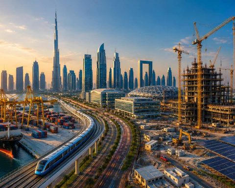 Futuristic Gulf skyline featuring mega construction projects, modern skyscrapers, ports, industrial zones, and advanced infrastructure symbolizing over $2 trillion in economic development across the GCC region.