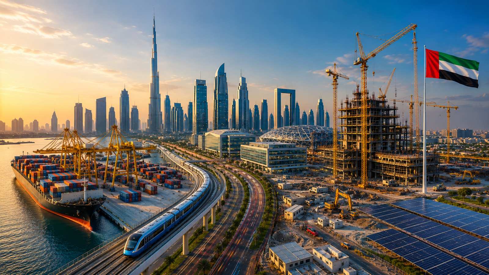 Futuristic Gulf skyline featuring mega construction projects, modern skyscrapers, ports, industrial zones, and advanced infrastructure symbolizing over $2 trillion in economic development across the GCC region.